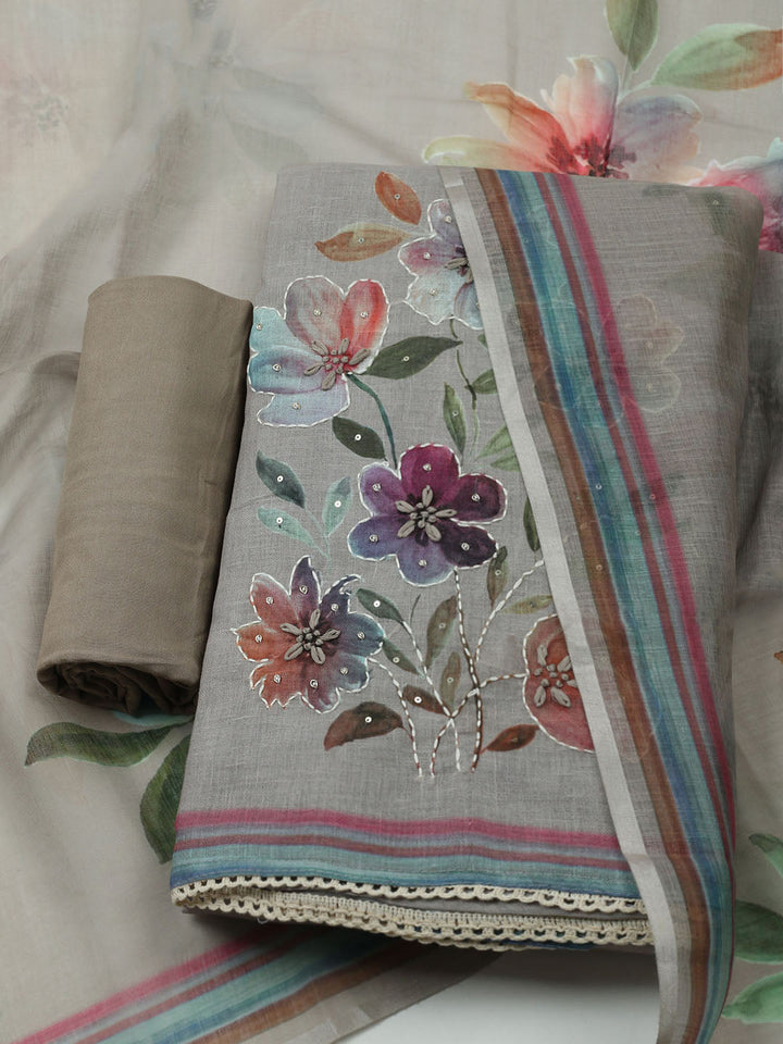 Printed Linen Unstitched Kurta With Pant &amp; Dupatta