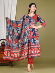 Printed Chanderi Kurta With Pants & Dupatta