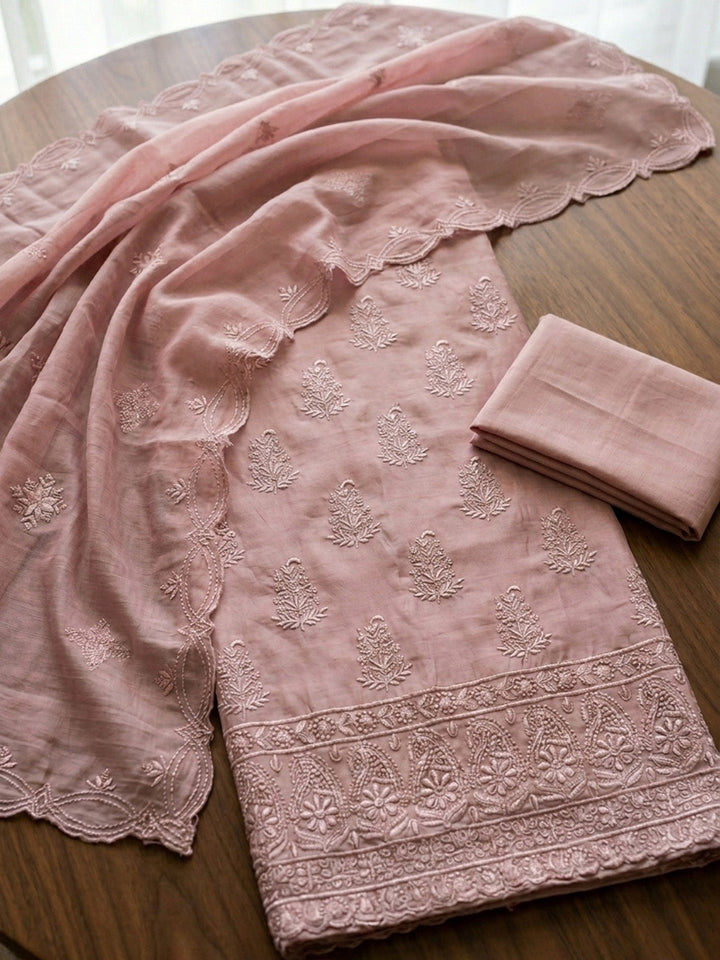 Embroidered Chanderi Unstitched Suit With Pant &amp; Dupatta