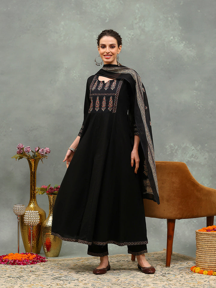 Embroidered Cotton Kurta With Pants &amp; Dupatta