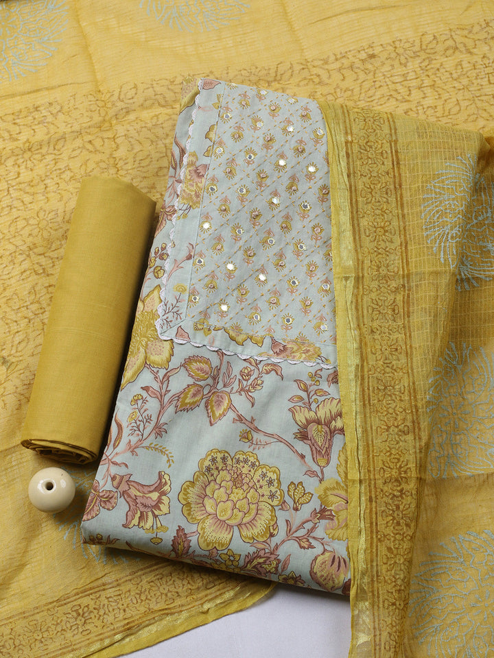 Printed Cotton Blend Unstitched Suit With Pant &amp; Dupatta