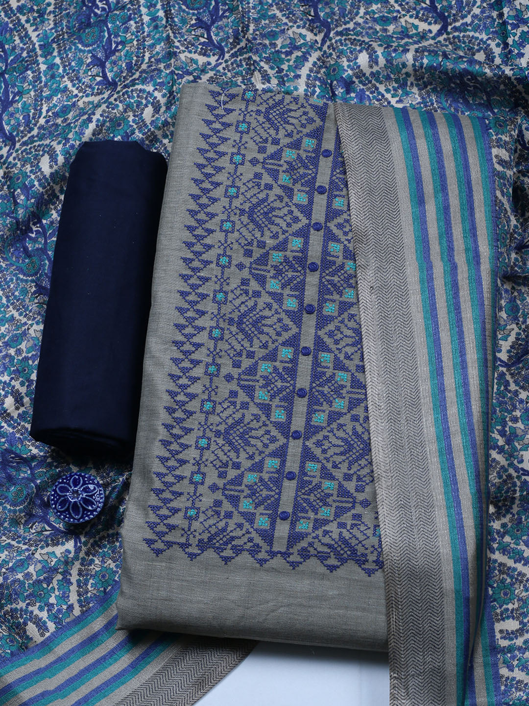 Embroidered Cotton Blend Unstitched Suit With Pant &amp; Dupatta