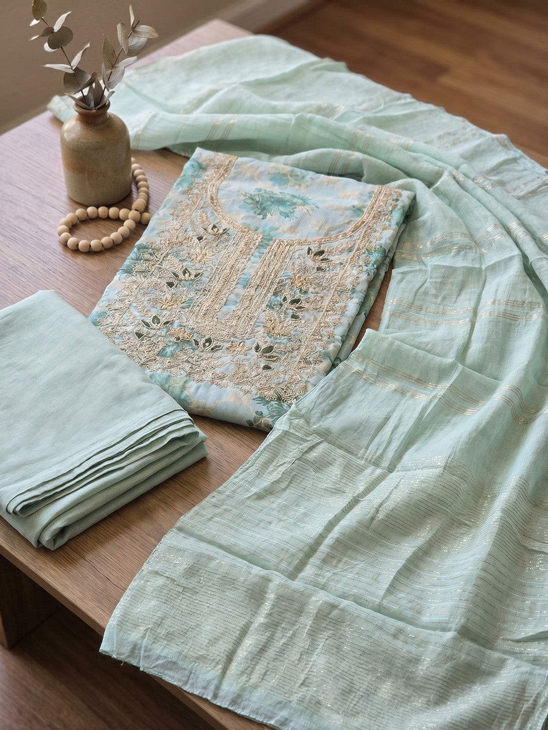 Embroidered Chanderi Unstitched Suit With Pant &amp; Dupatta