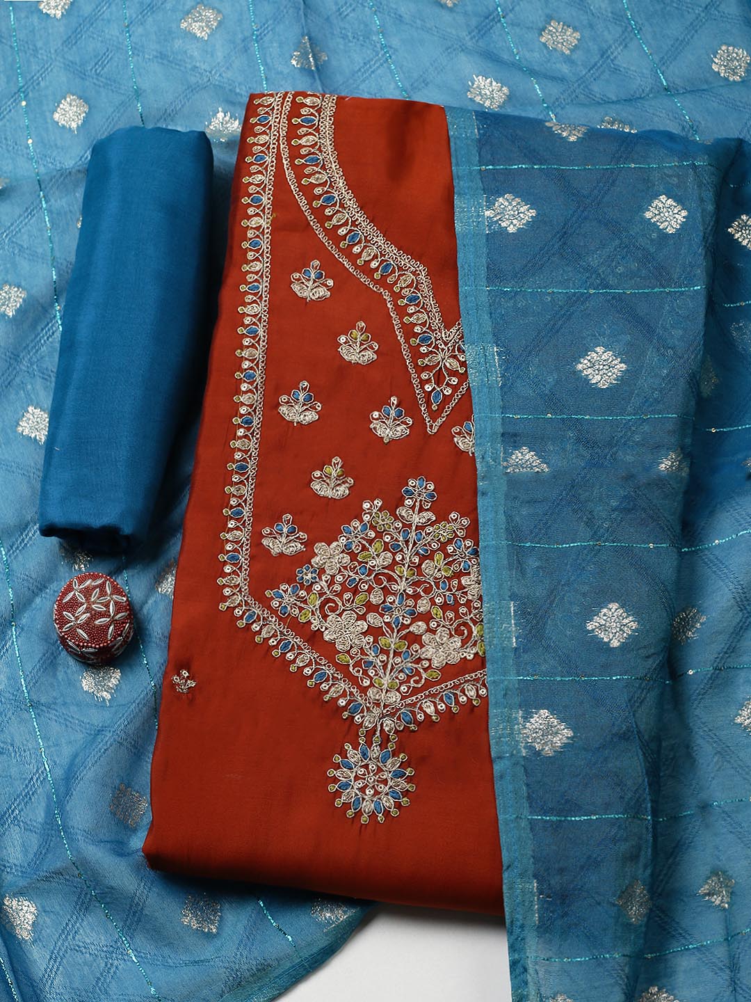 Neck Embroidered Chanderi Unstitched Suit With Dupatta