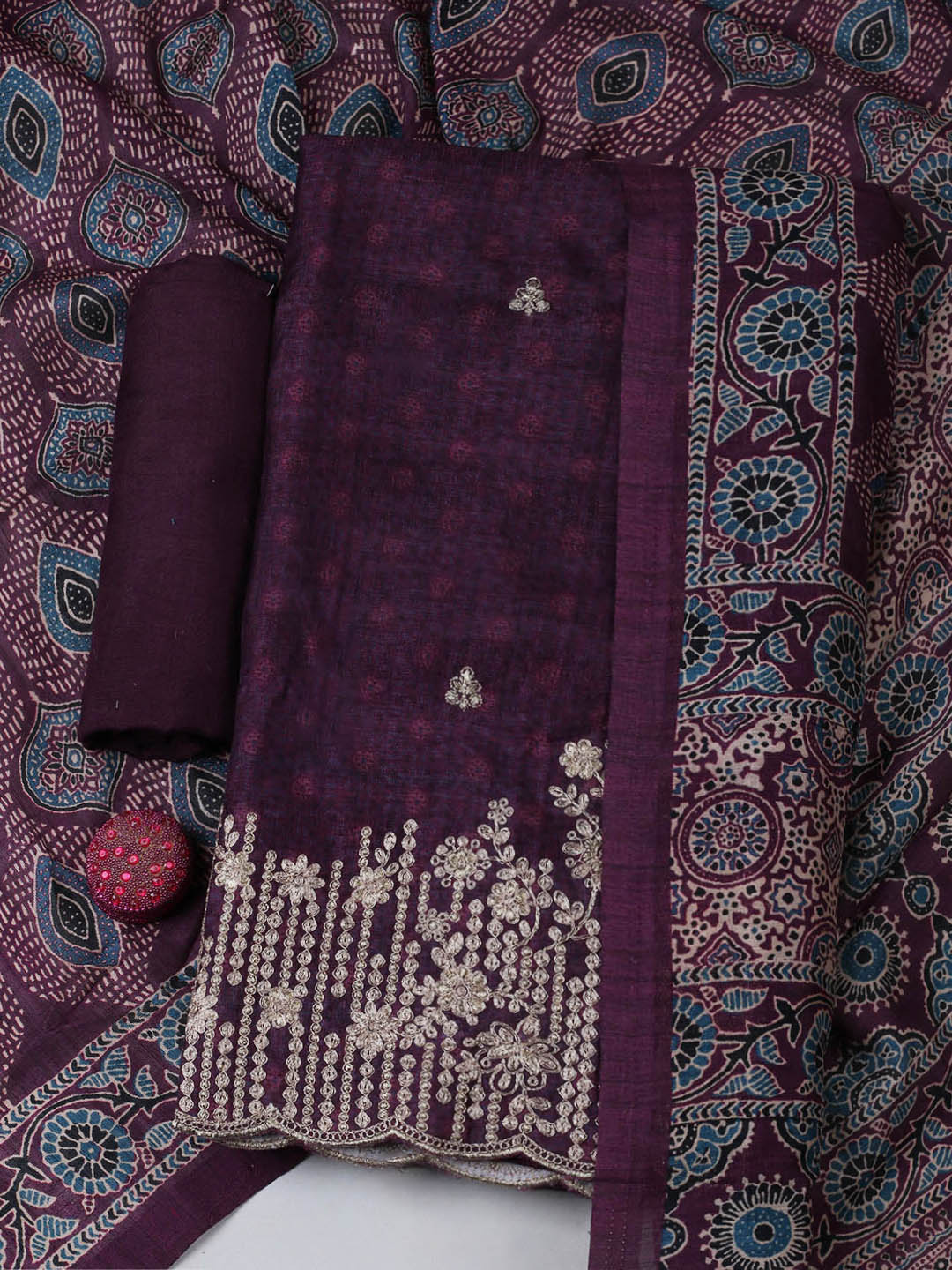 Embroidered Tussar Unstitched Suit With Pant &amp; Dupatta