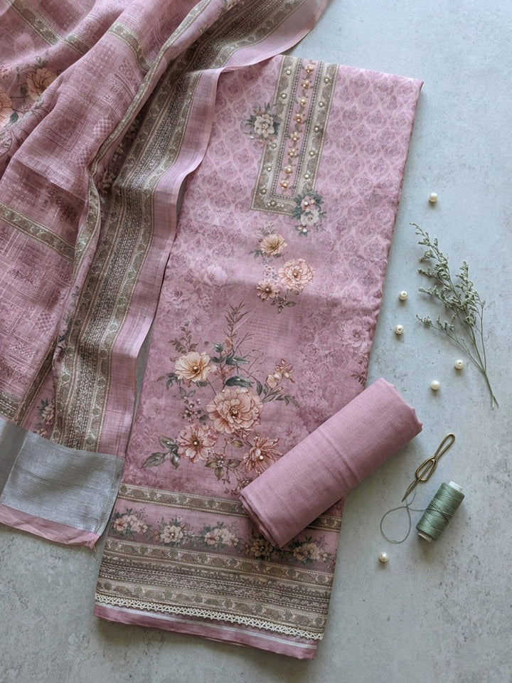 Printed Linen Blend Unstitched Suit With Pant &amp; Dupatta