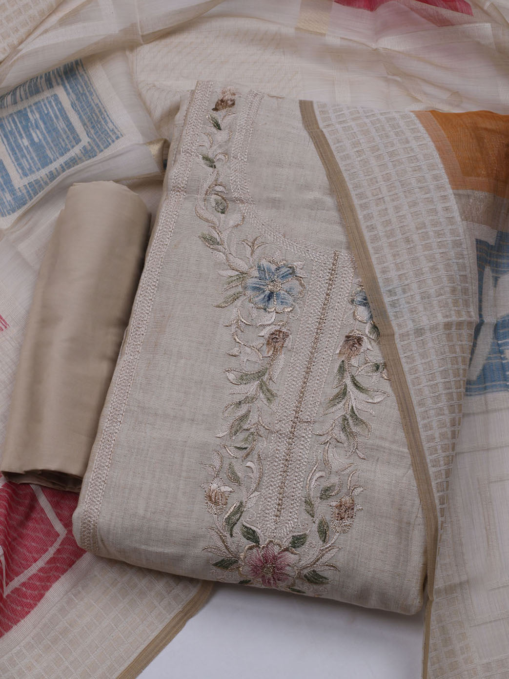 Embroidered Chanderi Unstitched Suit With Dupatta