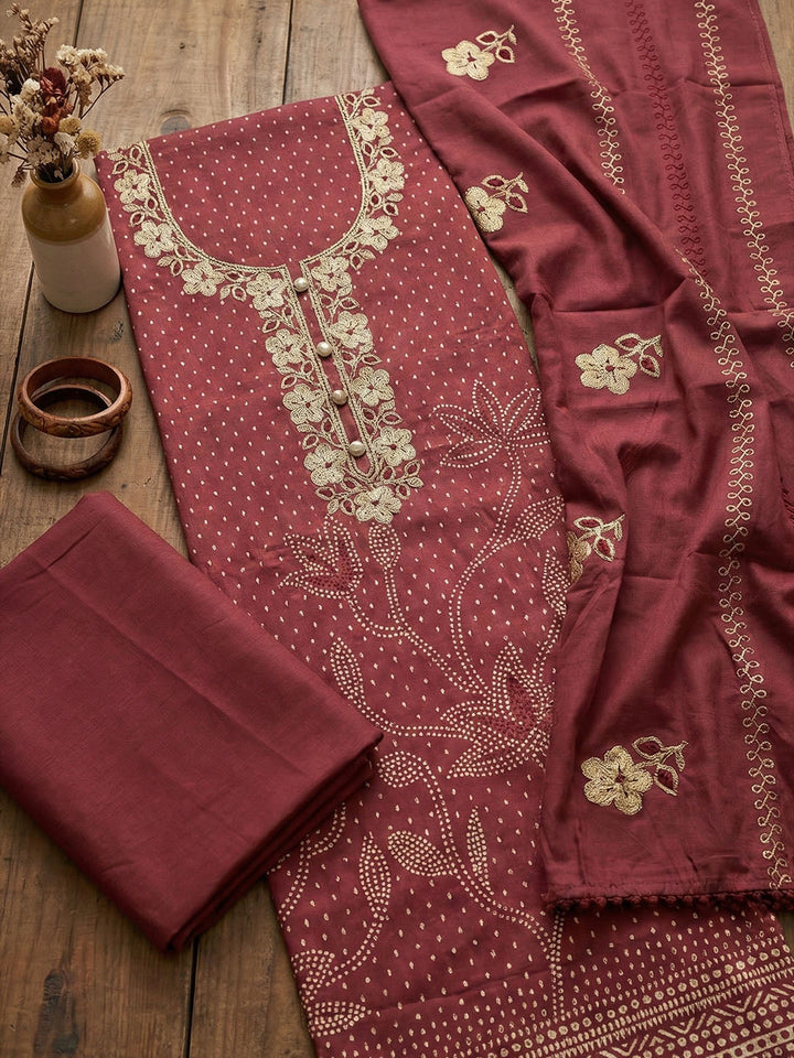 Embroidered Cotton Blend Unstitched Suit With Pant &amp; Dupatta