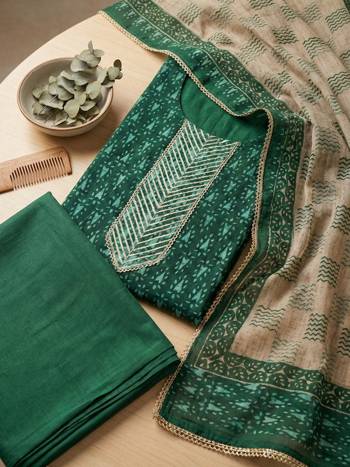 Printed Cotton Blend Unstitched Suit With Pant &amp; Dupatta