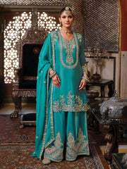 Embroidered Chinnon Kurta With Gharara & Dupatta