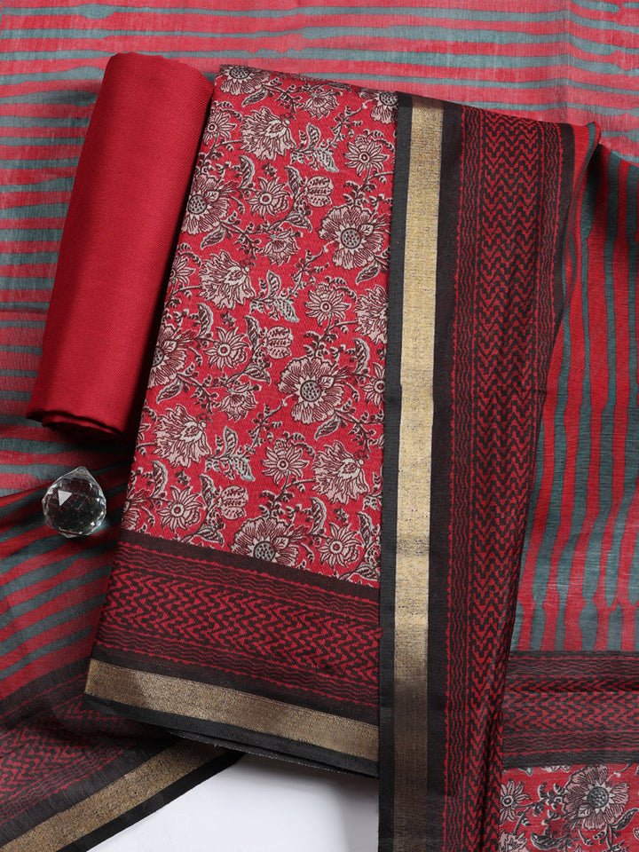 Printed, Cotton Blend Unstitched Suit With Pant &amp; Dupatta