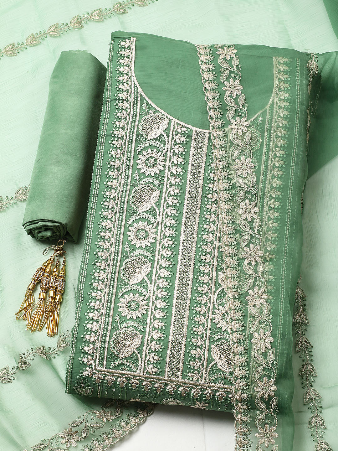 Embroidered Organza Unstitched Suit With Pant &amp; Dupatta