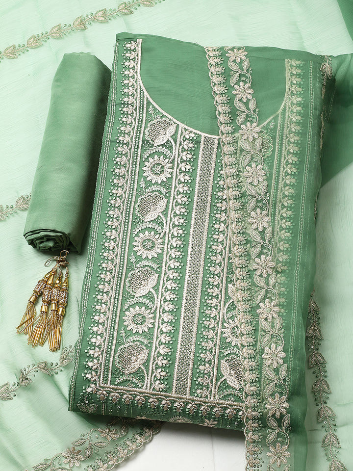 Embroidered Organza Unstitched Suit With Pant &amp; Dupatta