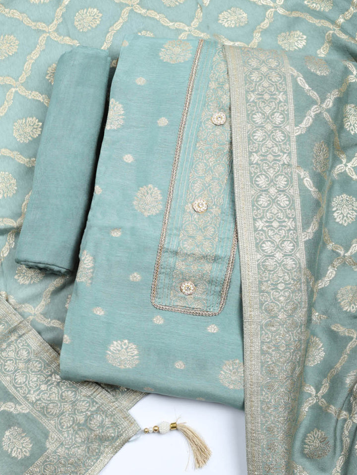 Embroidered Chanderi Unstitched Suit With Pant &amp; Dupatta