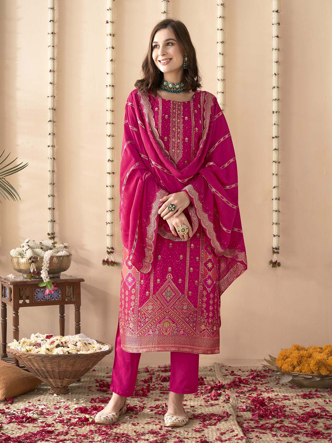 Embroidered Silk Kurta With Pant &amp; Dupatta