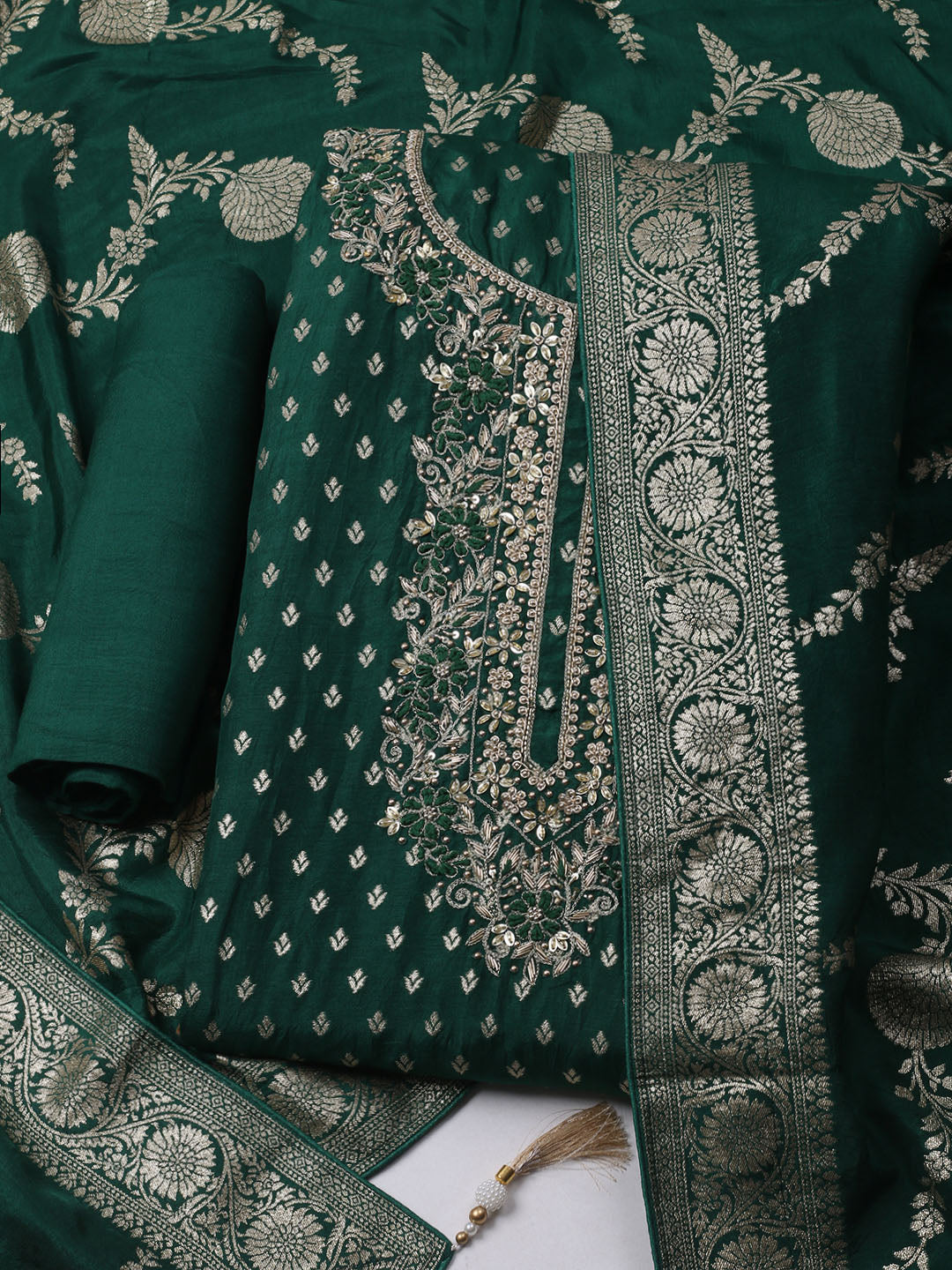Neck Embroidered Chanderi Unstitched Suit With Dupatta