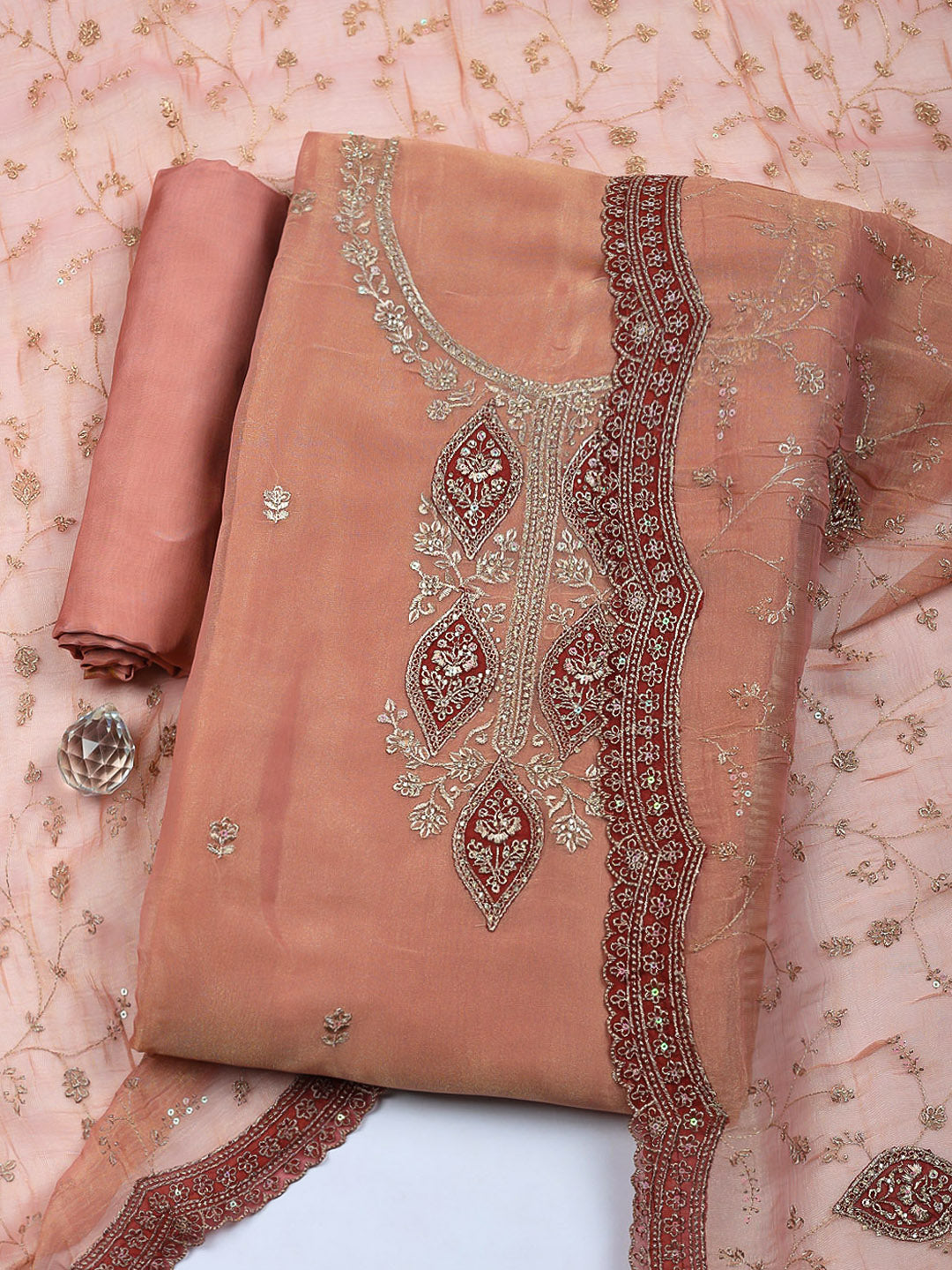 Embroidered Tissue Unstitched Suit With Pant &amp; Dupatta