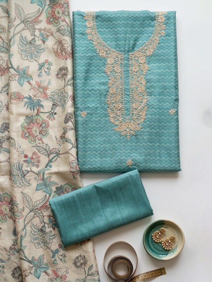 Embroidered Chanderi Unstitched Suit With Pant &amp; Dupatta