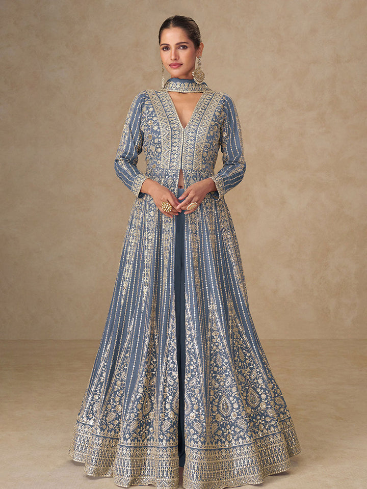Embroidered Chinnon Silk A Line Dress With Skirt