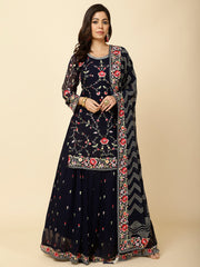 Resham Jaal Embroidered Georgette Kurta With Lehenga & Dupatta