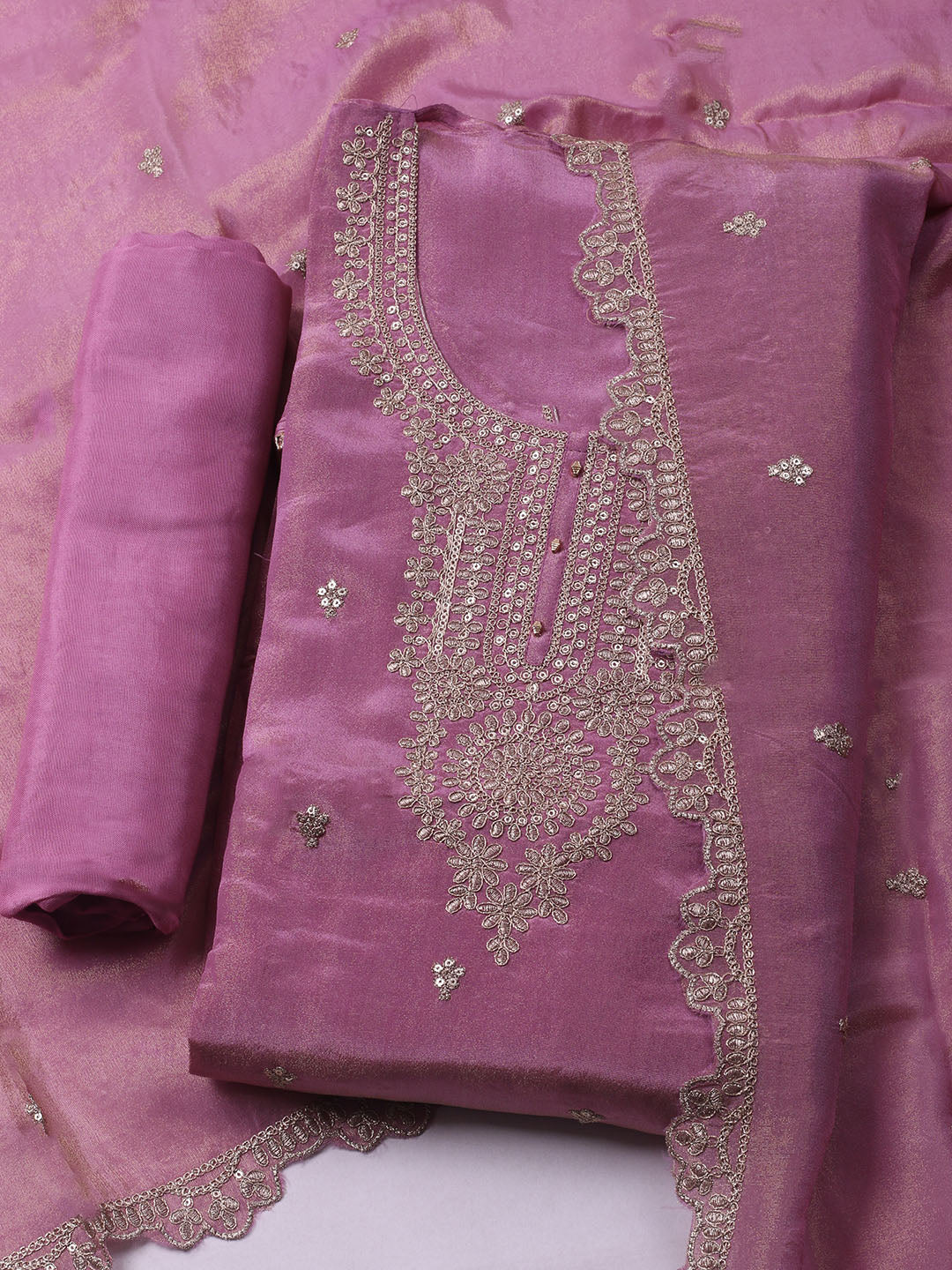 Embroidered Organza Unstitched Kurta With Pant &amp; Dupatta