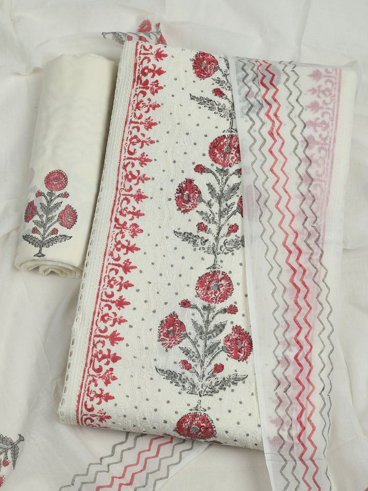 Embroidered Chanderi Unstitched Suit With Pant &amp; Dupatta
