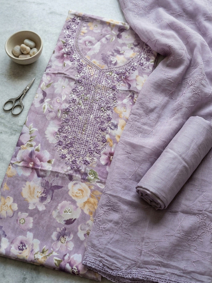 Embroidered Cotton Blend Unstitched Suit With Pant &amp; Dupatta