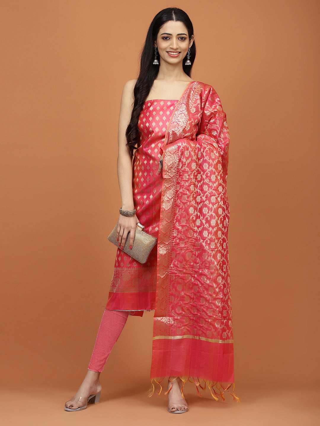 Woven Booti Chanderi Unstitched Suit Piece With Dupatta