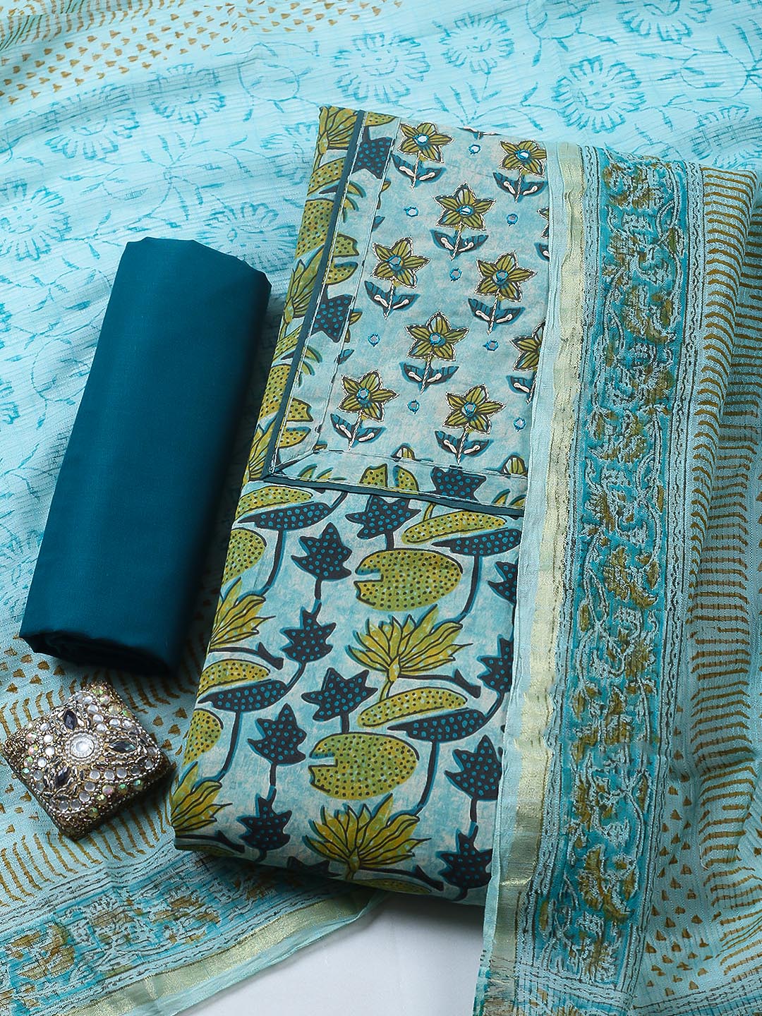 Printed Cotton Blend Unstitched Suit With Pant &amp; Dupatta