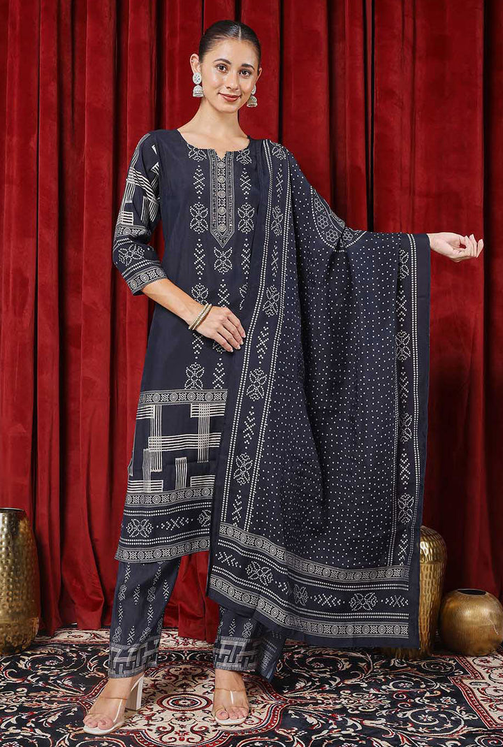 Printed Chanderi Kurta With Pants &amp; Dupatta