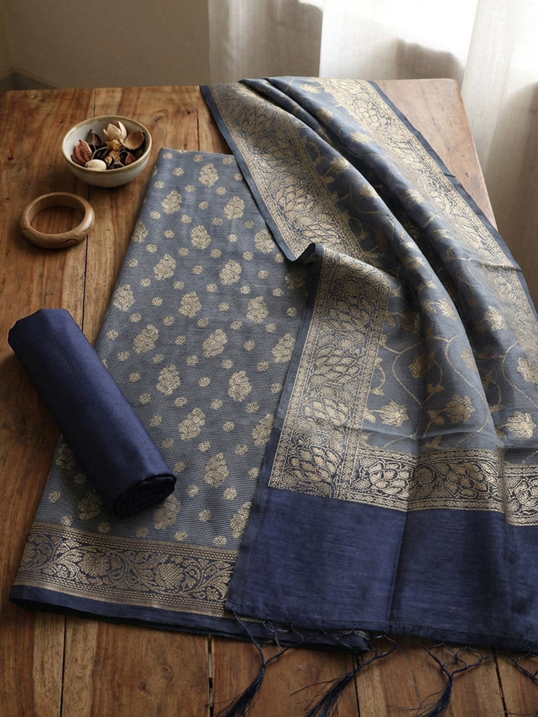 Banarasi Chanderi Unstitched Suit With Pant &amp; Dupatta
