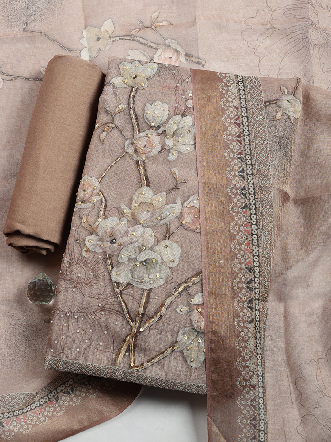 Printed Linen Blend Unstitched Suit With Pant &amp; Dupatta