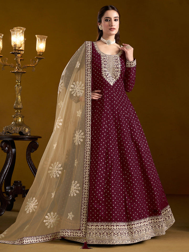 Embroidered Chanderi Semi Stitched Kurta With Salwar &amp; Dupatta