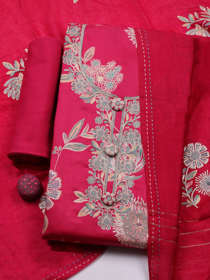 Embroidered Cotton Blend Unstitched Suit With Pant &amp; Dupatta