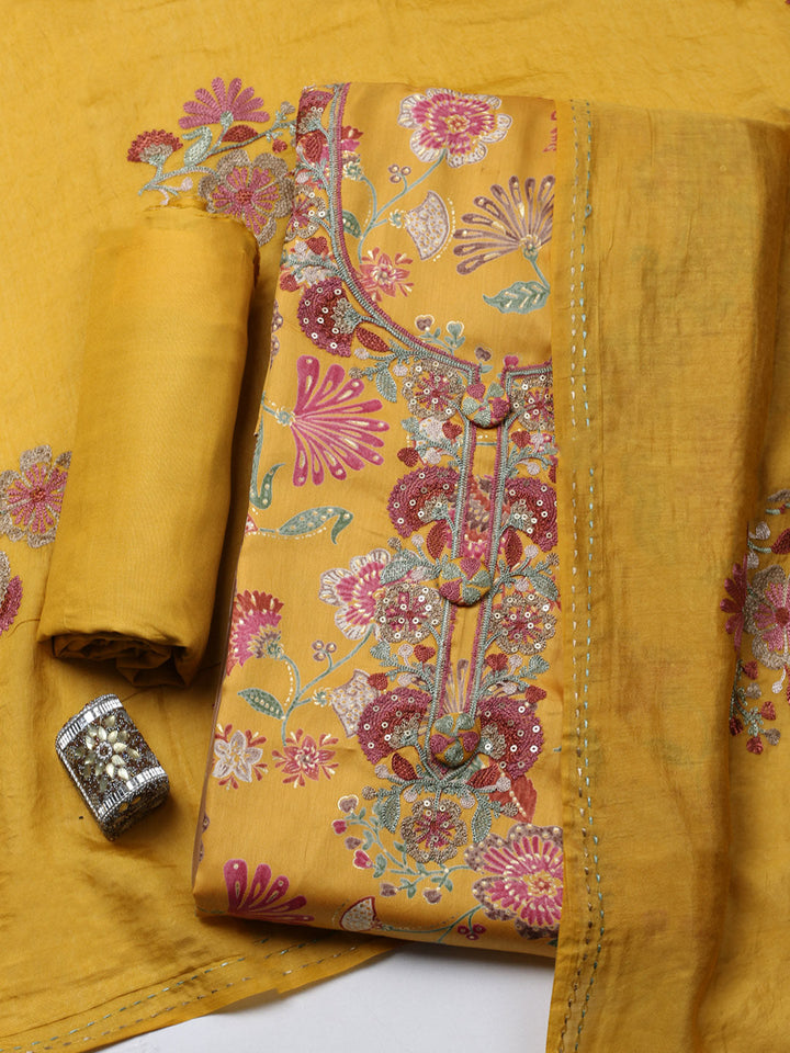 Embroidered Cotton Blend Unstitched Suit With Pant &amp; Dupatta