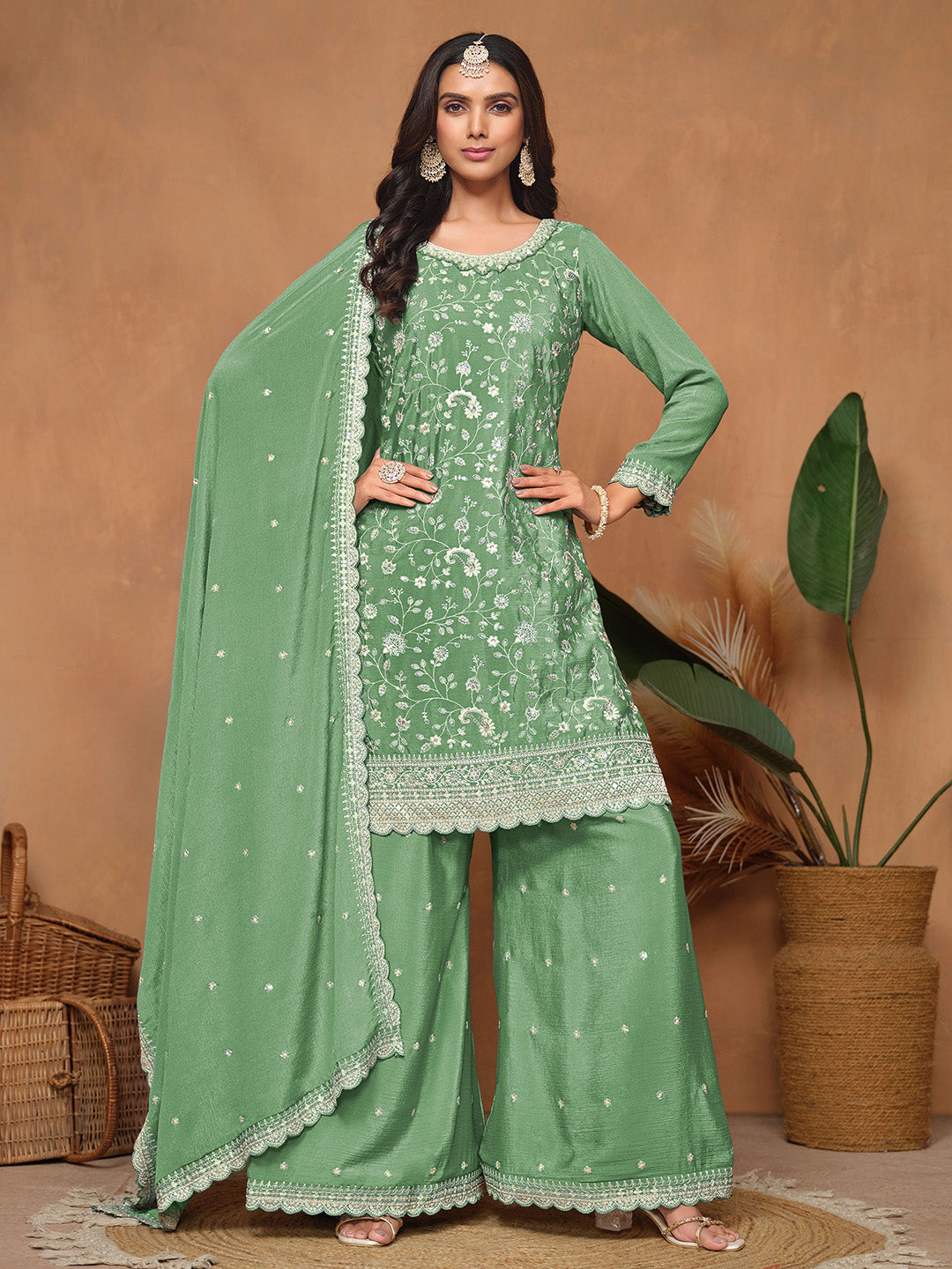 Embroidered Chinnon Semi Stitched Kurta With Plazzo &amp; Dupatta