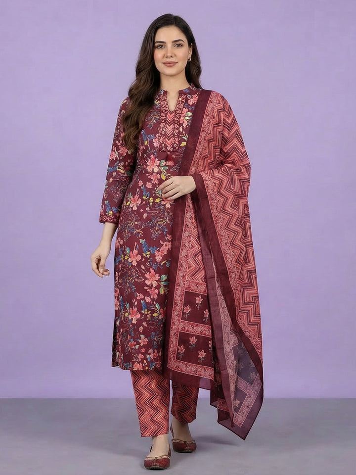 Printed Cotton Blend Kurta With Pant &amp; Dupatta