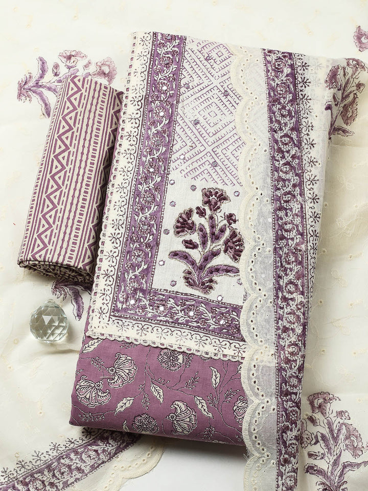 Printed Cotton Blend Unstitched Suit With Pant &amp; Dupatta