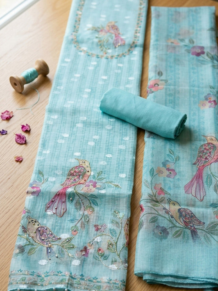 Embroidered Cotton Blend Unstitched Suit With Pant &amp; Dupatta