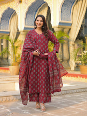 Printed Cotton Kurta With Pant & Dupatta