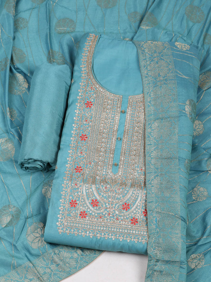 Embroidered Chanderi Unstitched Suit With Pant &amp; Dupatta