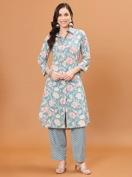 Floral Printed Cotton Kurta With Pants