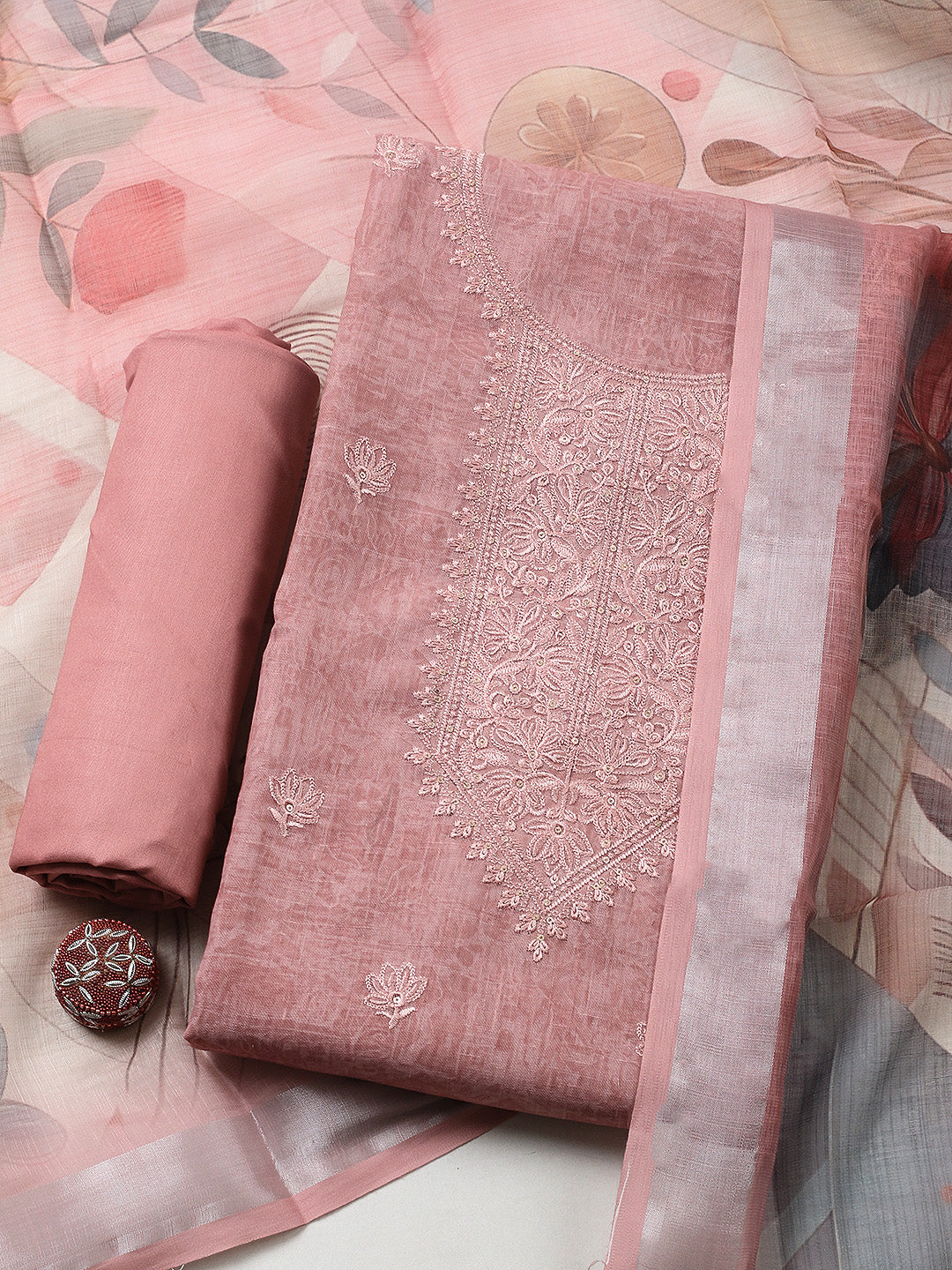 Embroidered Linen Blend UnstitchedSuit With Pant &amp; Dupatta
