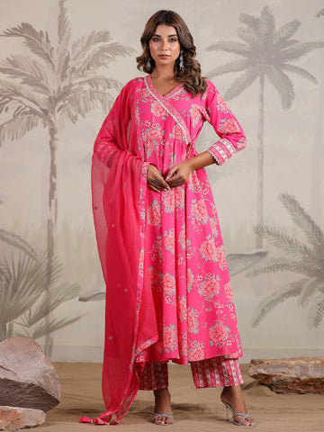 Floral Printed Cotton Blend Kurta With Pants & Dupatta