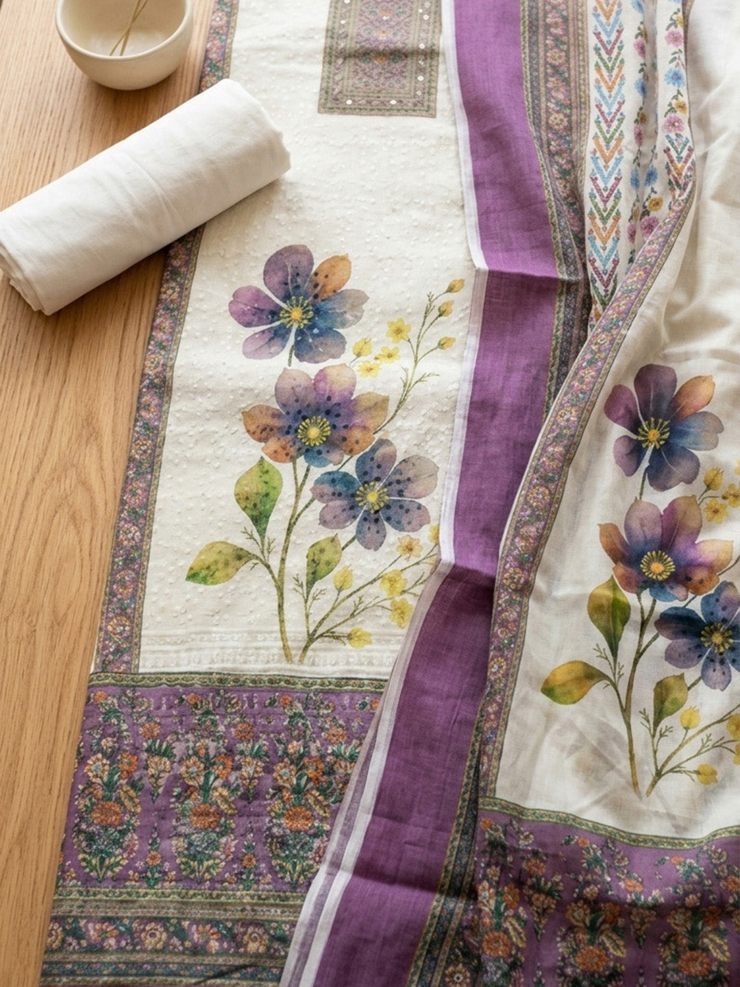 Embroidered Cotton Blend Unstitched Suit With Pant &amp; Dupatta