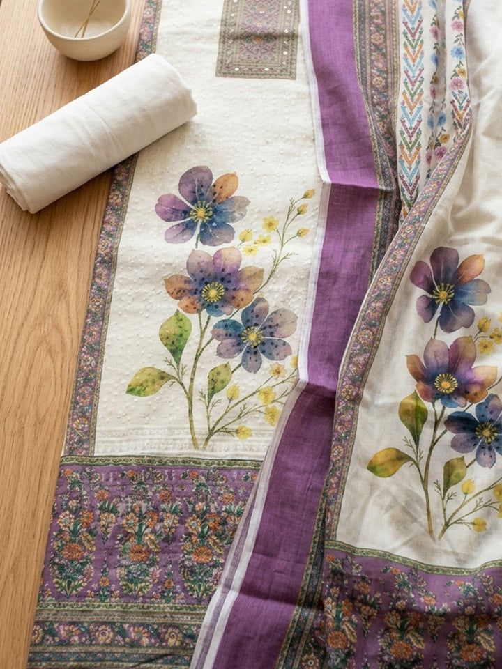 Embroidered Cotton Blend Unstitched Suit With Pant &amp; Dupatta