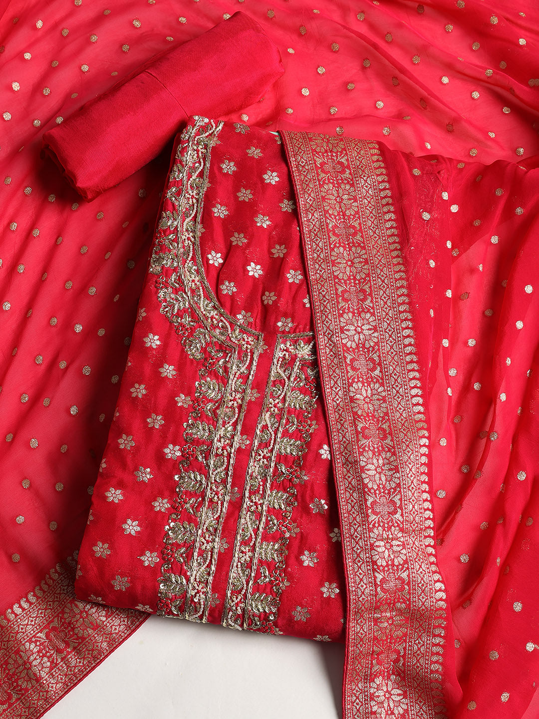 Neck Embroidered Georgette Unstitched Suit With Dupatta