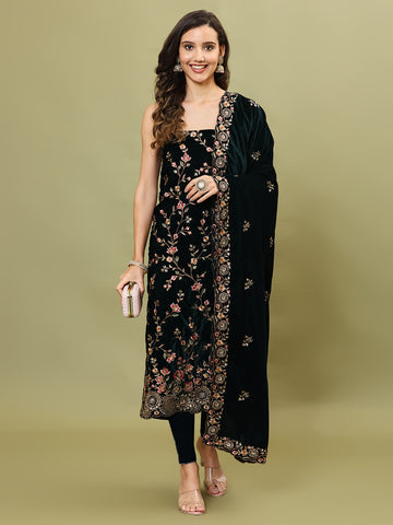 Neck Embroidered Velvet Unstitched Suit Piece With Dupatta