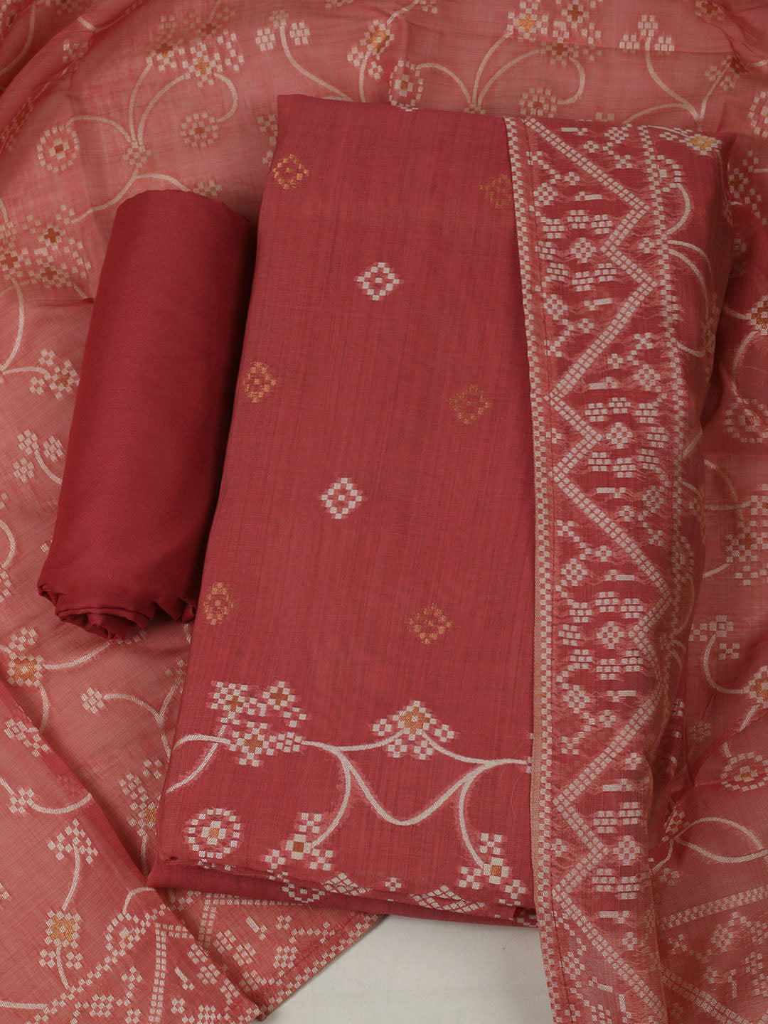 Embroidered Chanderi Unstitched Kurta With Pant &amp; Dupatta