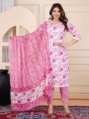 Floral Printed Cotton Kurta With Pants & Dupatta